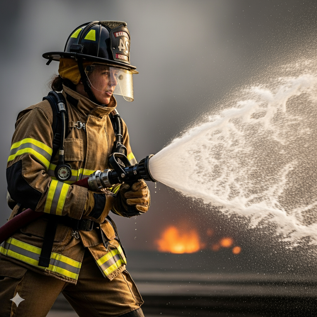 Firefighter operating a hose