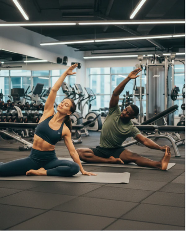 Athletes stretching after training