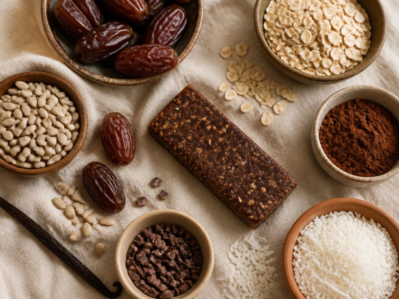 Overhead flat-lay of dates, oats, sunflower seeds, coconut, and cocoa around a Thrival bar